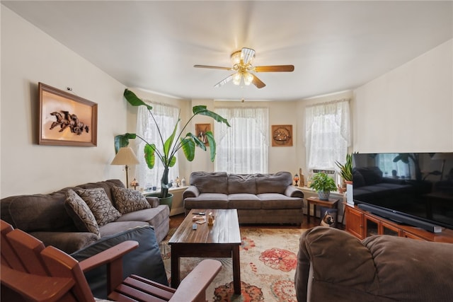 living room with ceiling fan and hardwood / wood-style floors