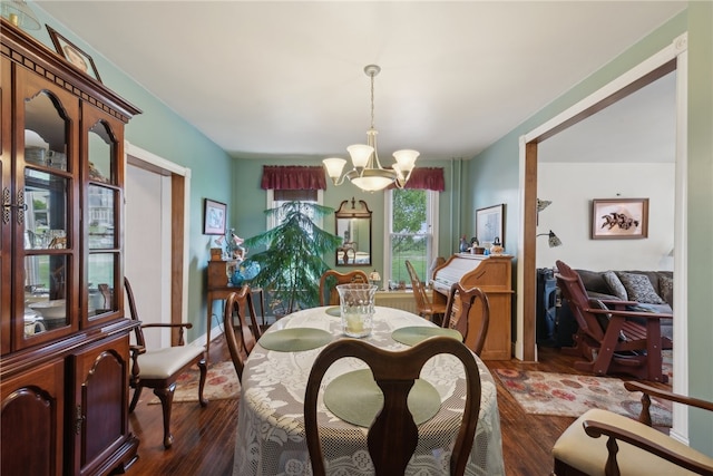 dining room with an inviting chandelier and dark wood-type flooring