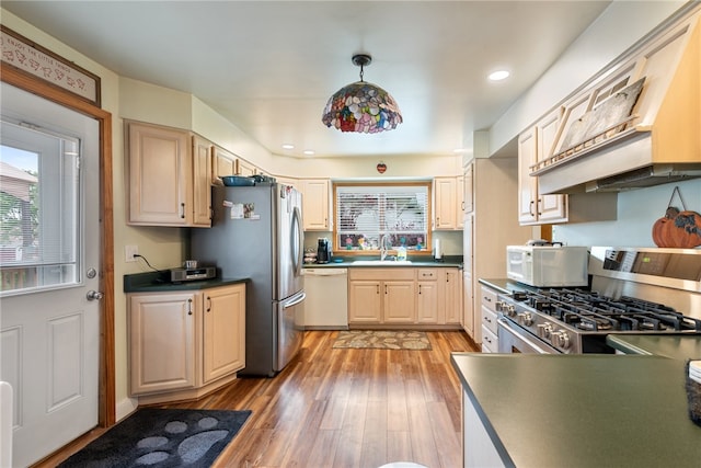 kitchen with stainless steel appliances, hanging light fixtures, sink, and light wood-type flooring