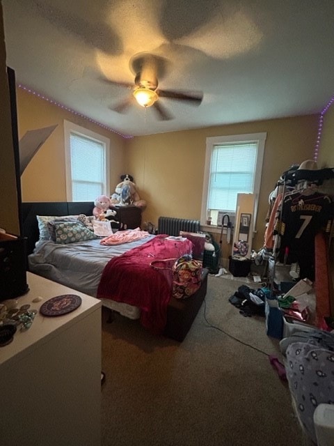 bedroom with ceiling fan, multiple windows, carpet flooring, and radiator