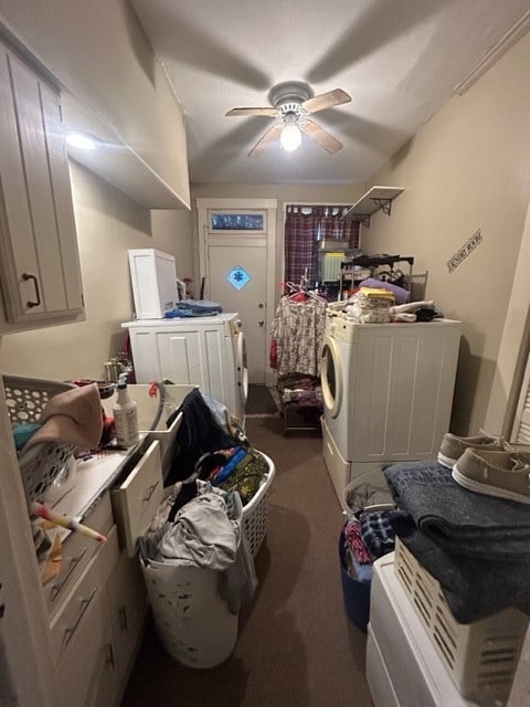 washroom featuring cabinets, carpet, and ceiling fan