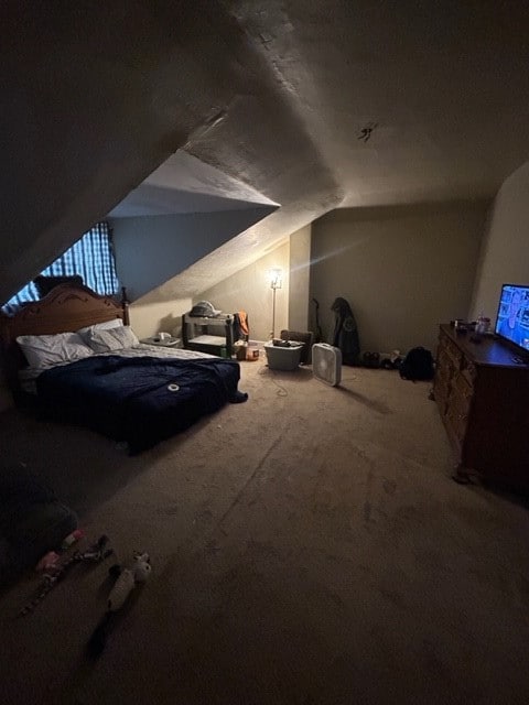 carpeted bedroom featuring lofted ceiling