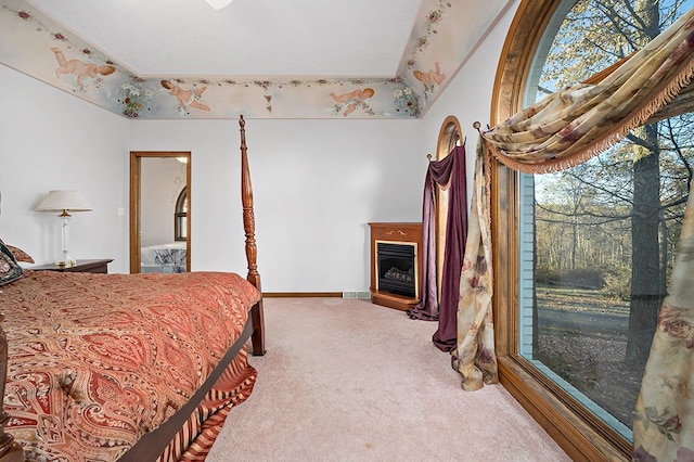 bedroom with carpet floors and a raised ceiling