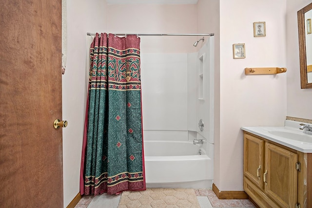 bathroom featuring tile floors, shower / bath combination with curtain, and vanity