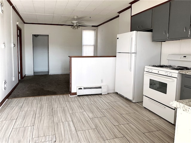 kitchen with white range with gas stovetop, ceiling fan, a baseboard heating unit, ornamental molding, and light carpet