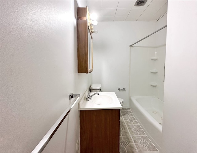 full bathroom with tile flooring, shower / bathing tub combination, toilet, and vanity