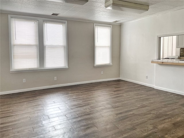 empty room featuring a healthy amount of sunlight and dark wood-type flooring