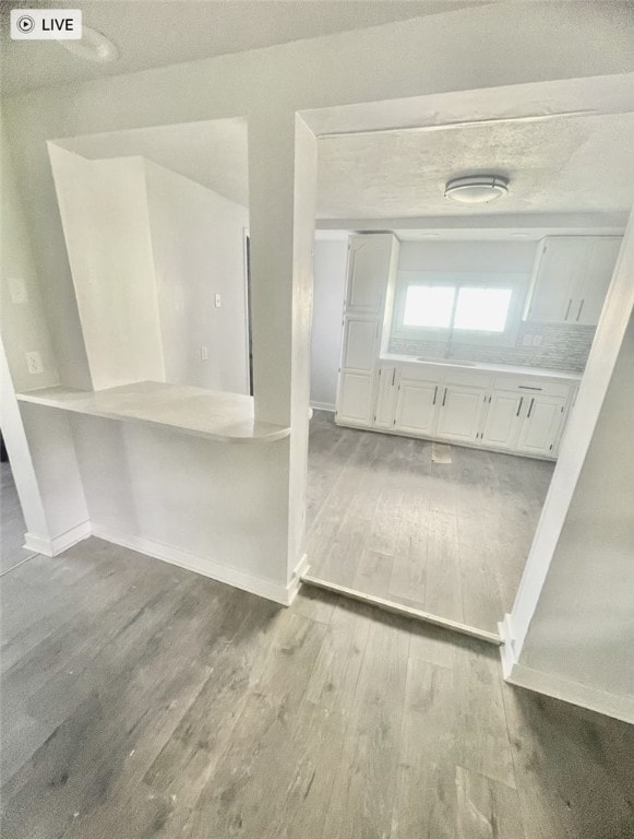 bathroom featuring a textured ceiling, backsplash, and hardwood / wood-style floors