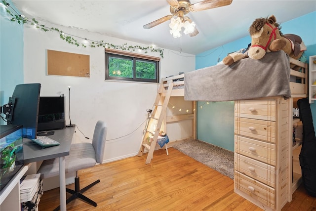 office with ceiling fan and light hardwood / wood-style flooring