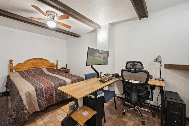 bedroom featuring beam ceiling, a textured ceiling, tile flooring, and ceiling fan