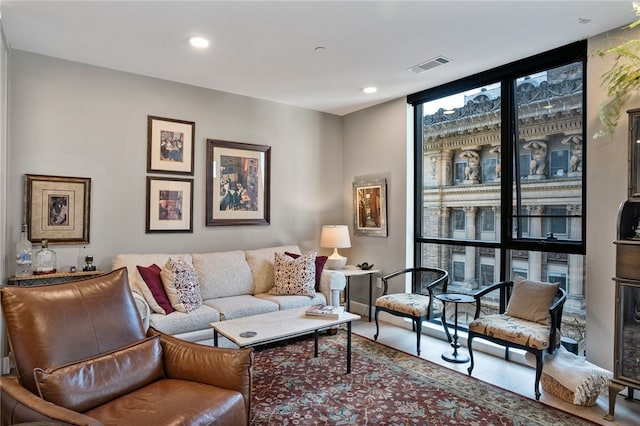 living room with a wall of windows