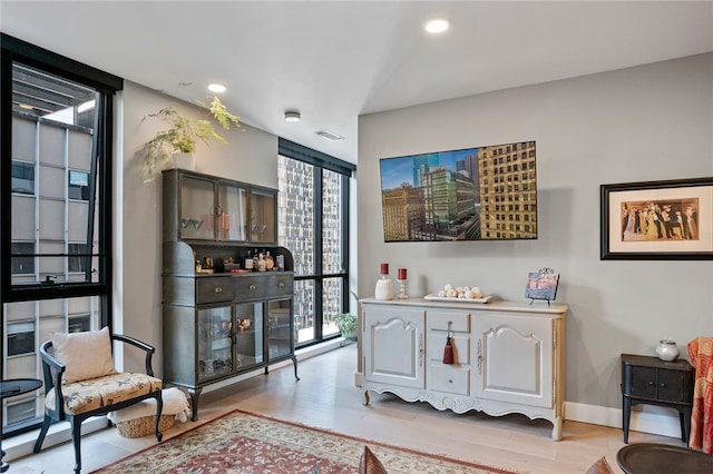 sitting room with a wall of windows and light wood-type flooring