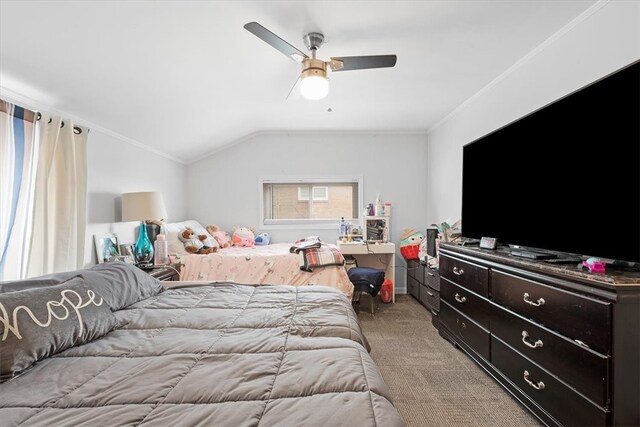 bedroom featuring carpet flooring, ceiling fan, crown molding, and lofted ceiling