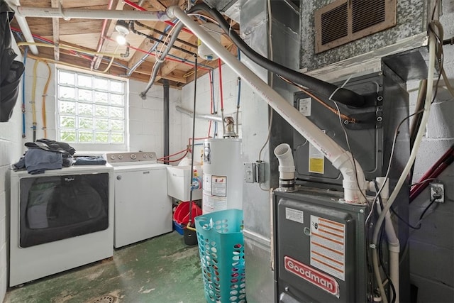 washroom with washing machine and clothes dryer and gas water heater