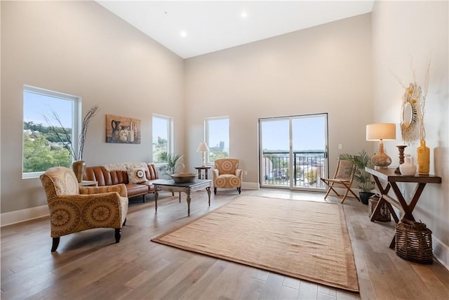 sitting room with a towering ceiling, light hardwood / wood-style flooring, and a wealth of natural light