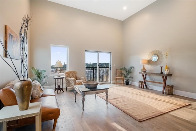 sitting room featuring hardwood / wood-style floors and a high ceiling