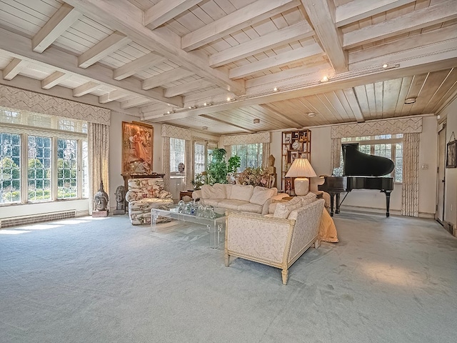 living room featuring beam ceiling, wooden ceiling, a baseboard radiator, and a fireplace