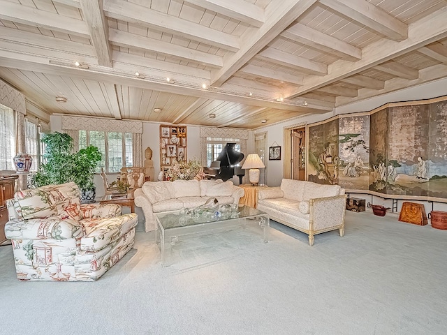 living room with wood ceiling and carpet