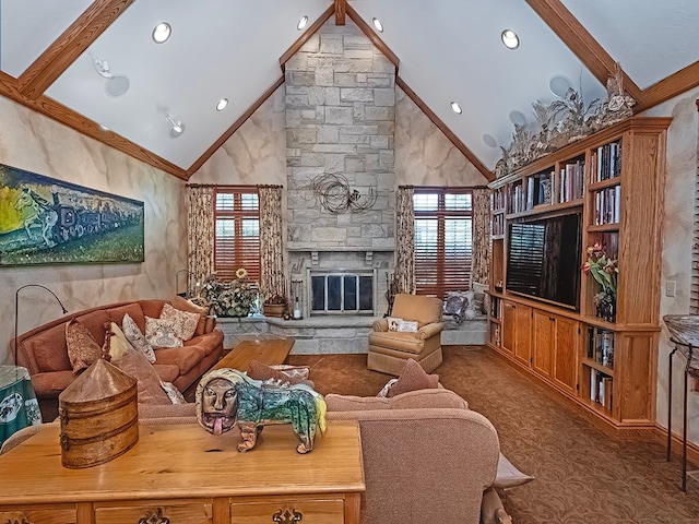 carpeted living room with high vaulted ceiling, beam ceiling, and a stone fireplace