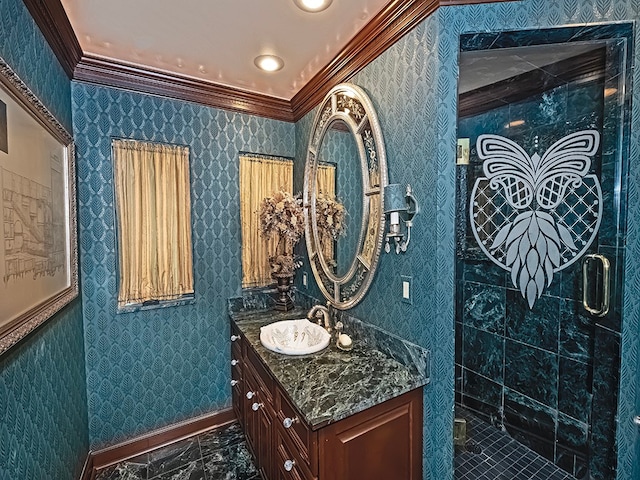 bathroom with walk in shower, tile flooring, ornamental molding, and large vanity