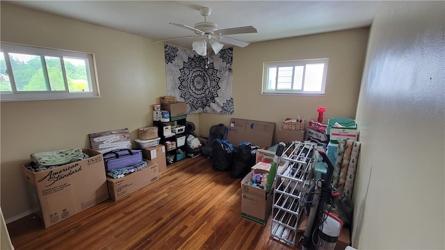 miscellaneous room with a healthy amount of sunlight, wood-type flooring, and ceiling fan