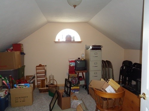 bonus room with lofted ceiling and carpet floors