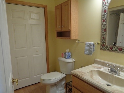 bathroom featuring hardwood / wood-style flooring, toilet, and oversized vanity