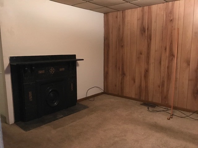 interior space with carpet flooring, wood walls, and a drop ceiling