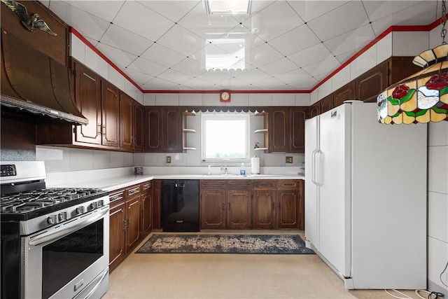 kitchen with sink, dishwasher, dark brown cabinets, white refrigerator with ice dispenser, and stainless steel range with gas cooktop