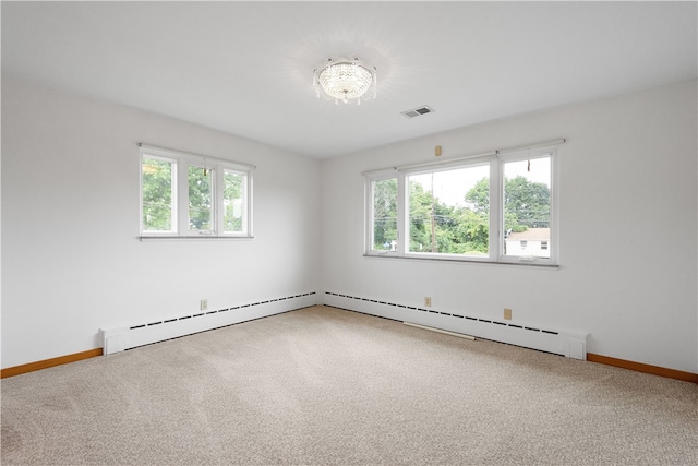 carpeted empty room with a baseboard radiator and a healthy amount of sunlight