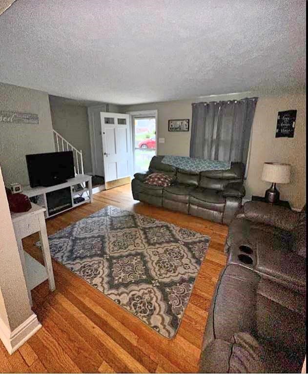 living room featuring a textured ceiling and wood-type flooring