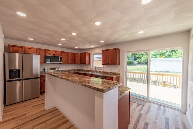 kitchen featuring a healthy amount of sunlight, appliances with stainless steel finishes, light hardwood / wood-style floors, and sink