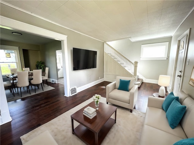 living room with crown molding and wood-type flooring