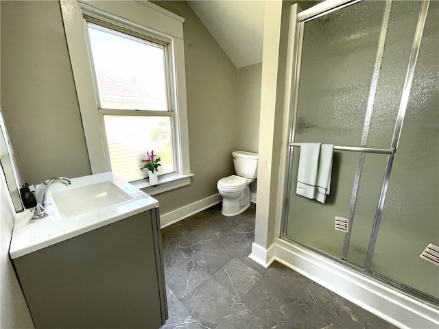 bathroom featuring toilet, tile floors, a shower with shower door, vanity, and lofted ceiling