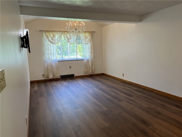 unfurnished dining area with a notable chandelier, beam ceiling, and dark hardwood / wood-style flooring