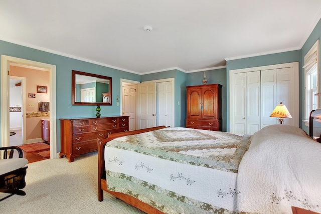 carpeted bedroom featuring ornamental molding, multiple closets, and ensuite bath