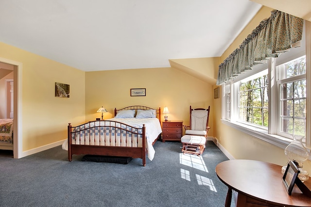 bedroom featuring dark carpet and vaulted ceiling