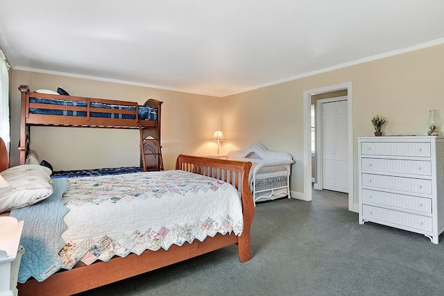 carpeted bedroom with crown molding