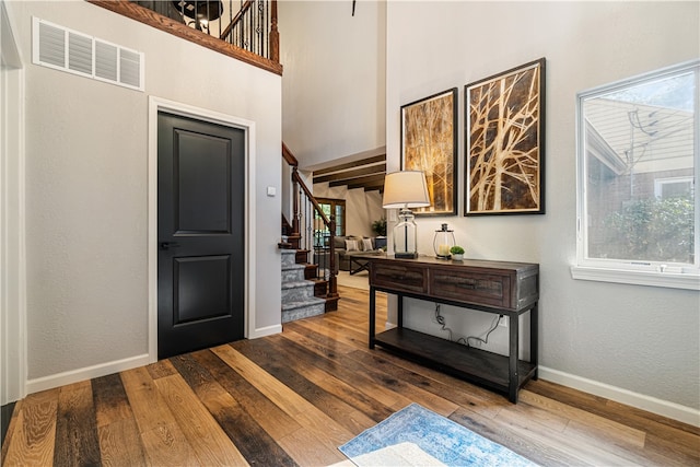 foyer with a healthy amount of sunlight and hardwood / wood-style flooring