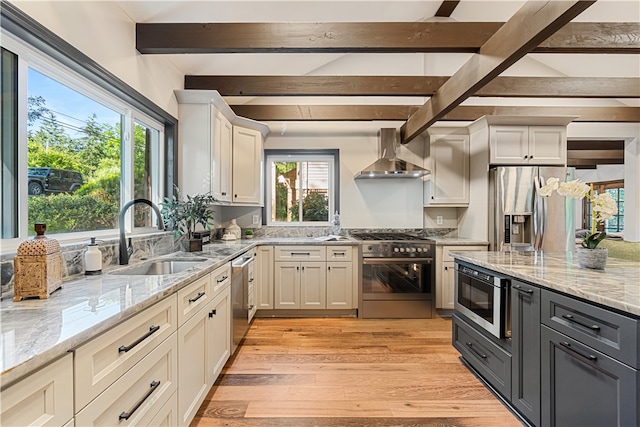 kitchen featuring light hardwood / wood-style floors, beamed ceiling, stainless steel appliances, wall chimney range hood, and sink