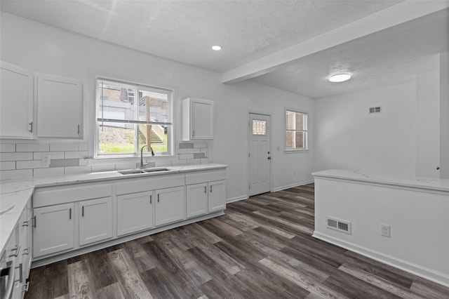 kitchen with dark hardwood / wood-style floors, light stone countertops, sink, and backsplash