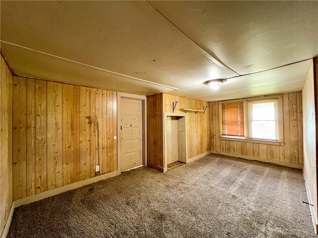 interior space with carpet floors and wood walls