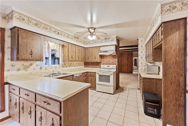 kitchen with kitchen peninsula, white appliances, ornamental molding, and sink