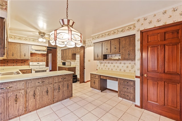 kitchen with stove, ornamental molding, ceiling fan, pendant lighting, and light tile patterned flooring