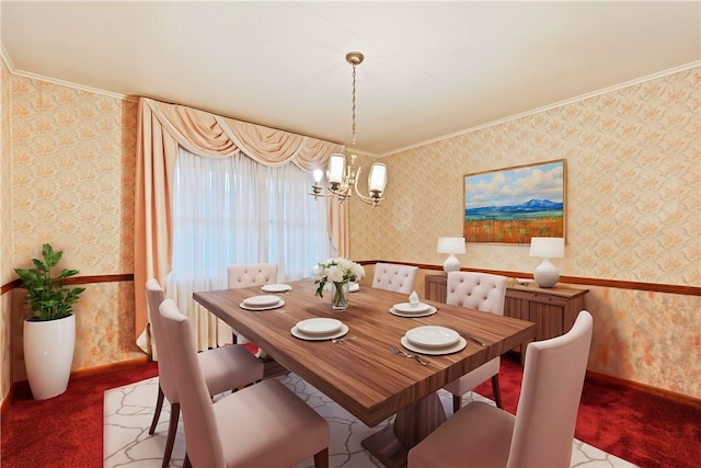 carpeted dining room with a notable chandelier and crown molding