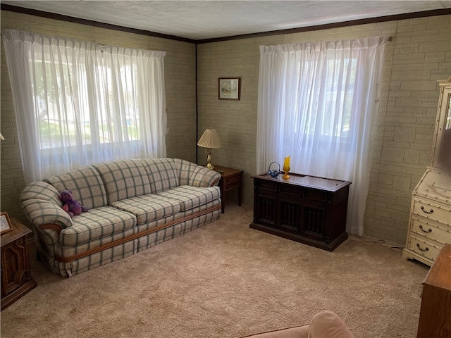 living room featuring crown molding, brick wall, and carpet