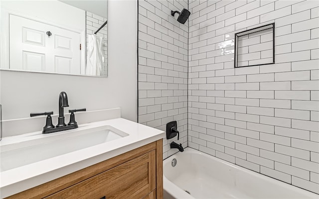 bathroom with shower / tub combo with curtain and vanity