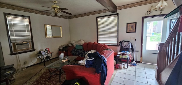 tiled living room with beam ceiling and ceiling fan