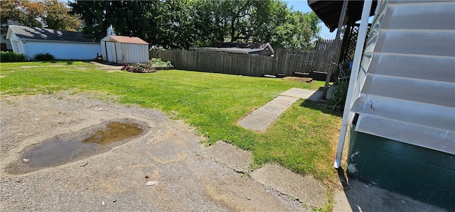 view of yard with a storage shed