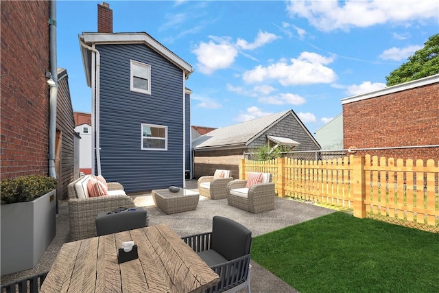 exterior space featuring a lawn, a patio, and an outdoor hangout area